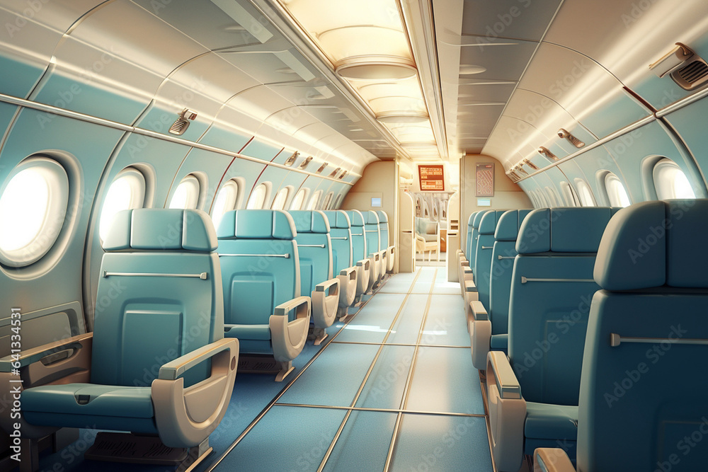 Fototapeta premium empty turquoise passenger cabin of the plane