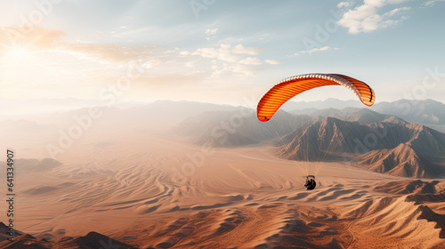 a man flies with a parachute over a desert