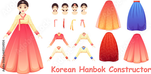 Hanbok, traditional Korean clothing for women. Constructor clothes. Skirt, jacket, bow, traditional Korean hairstyles