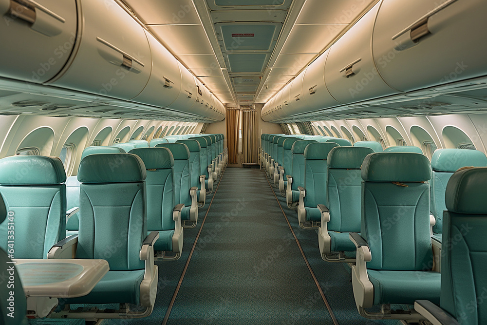 Fototapeta premium empty turquoise passenger cabin of the plane