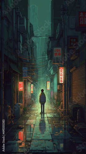 silhouette of a man in a Japanese city  cyberpunk anime style