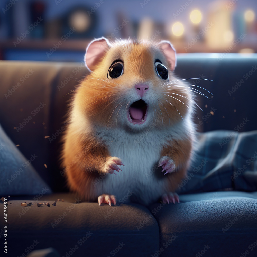 Fototapeta premium Smal cute hamster on the sofa watching TV