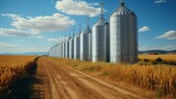 There are several large metal silos in the field made. Generative AI.