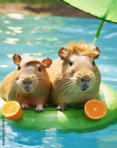 Capybaras swim in a rubber pool photo
