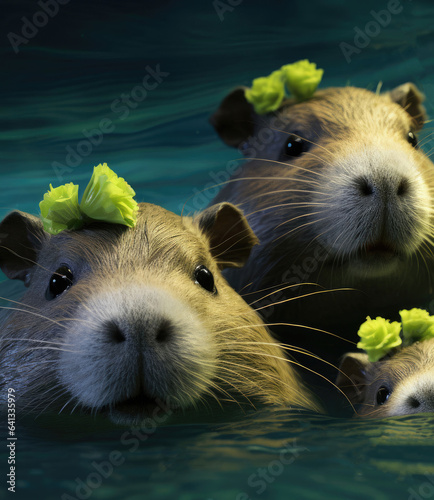 Capybaras swim in a rubber pool photo