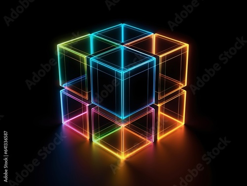 Abstract colorful neon cubes on black background, dark room, 3d render