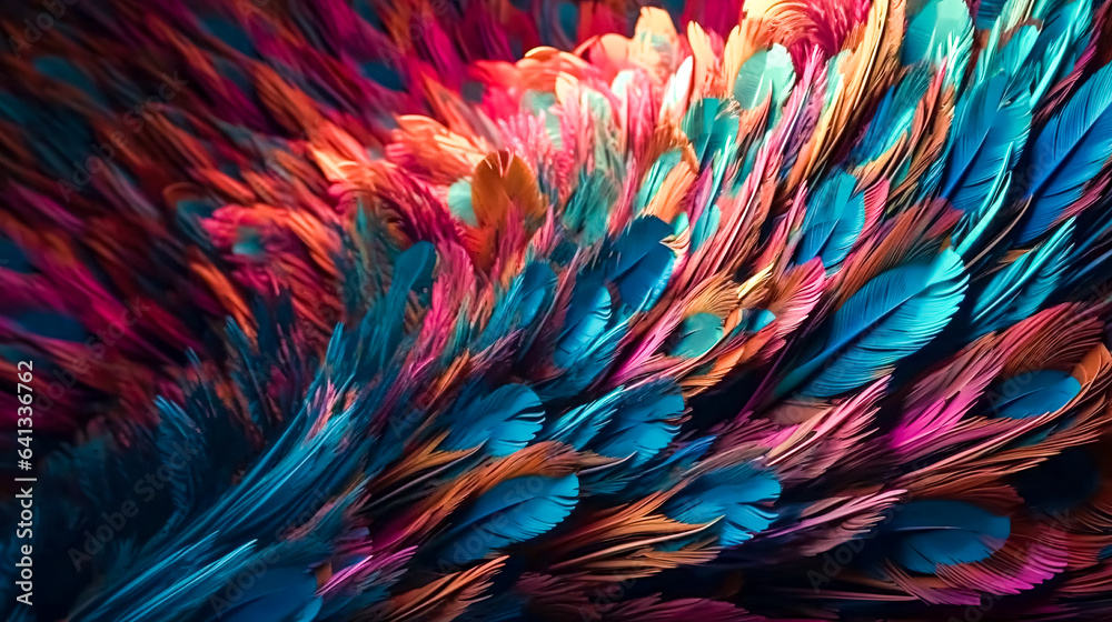 Background from textural colored feathers, generative AI.