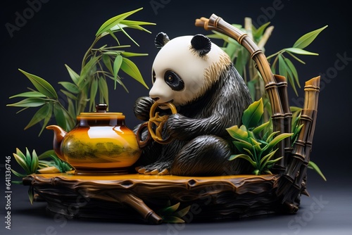 Diorama statuette with panda in bamboo grove