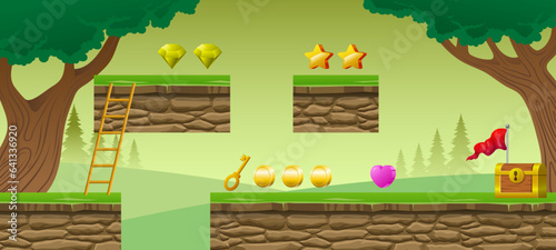 2D Cartoon Forest Scene for Game Background With Levels And Items