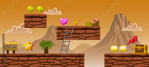 2D Game Platform Cartoon In Volcanic Mountains Scene