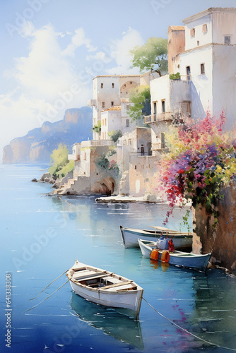 seaside mediterranean landscape, watercolor style