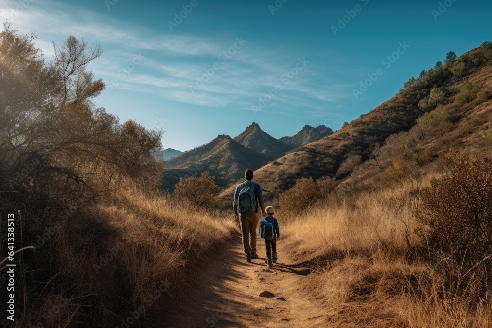 Father's Day. Son's day. Dad and child spending time together hiking along a scenic trail, with mountains and a clear blue sky in the background. Generative AI.