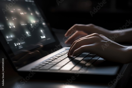 A close-up of hands typing on a laptop or mobile device, showcasing online shopping during Cyber Monday. The convenience and accessibility of e-commerce. Generative AI.