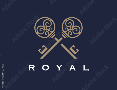 Crossed vintage keys icon. Luxury real estate agency logo mark design. Royal property realtor emblem. Vector illustration.