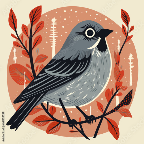 Gray cartoon bird sitting on a branch close-up. Vector illustration of a cute sparrow in the tree in autumn photo