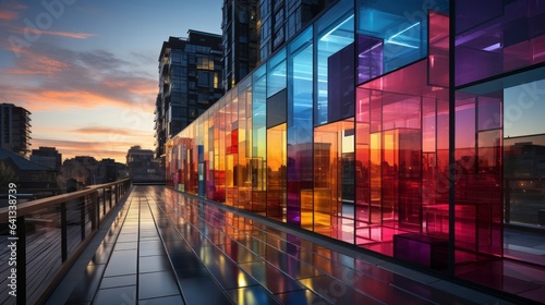 Vibrant colors illuminate modern architecture in the city. Generative AI.