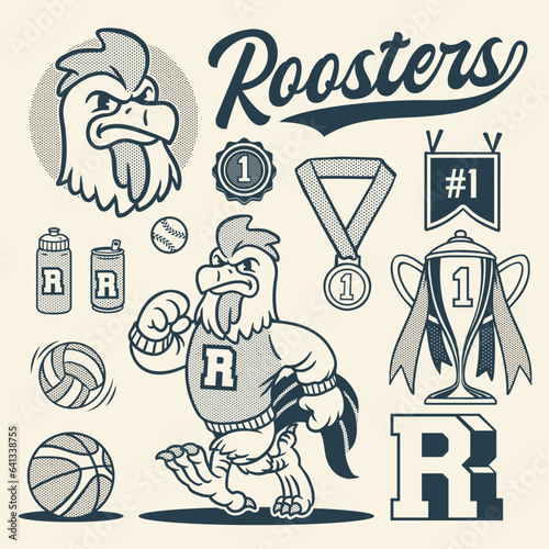 Rooster Mascot Object Set Vintage Style