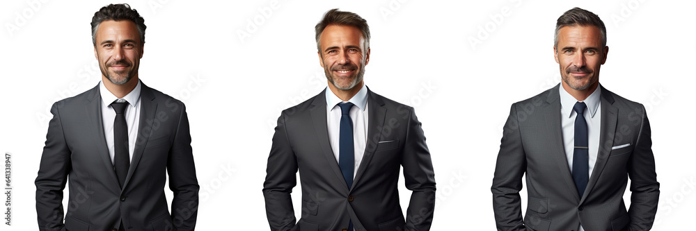 Middle aged man in suit smiling and posing on transparent background Middle aged man in suit smiling and posing on transparent background