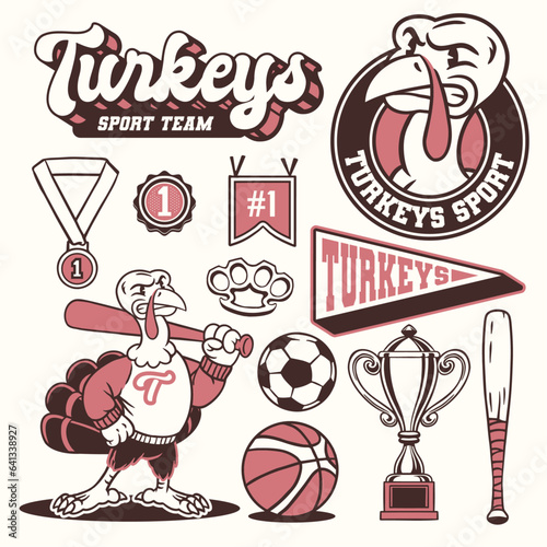Turkey Mascot and Sport Object Set Vintage Style