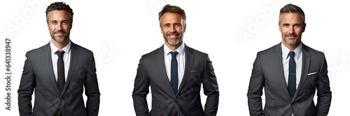 Middle aged man in suit smiling and posing on transparent background