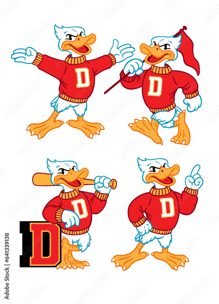 Naklejka premium Vector Set of Duck Sport Mascot in Vintage Retro Hand Drawn Style