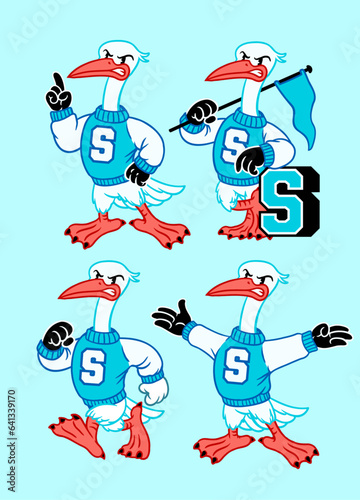 Vector Set of Stork Sport Mascot in Vintage Retro Hand Drawn Style
