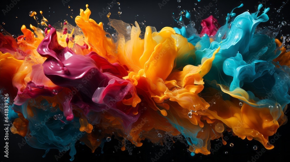 Vibrant colors splashing on messy backgrounds. Generative AI.