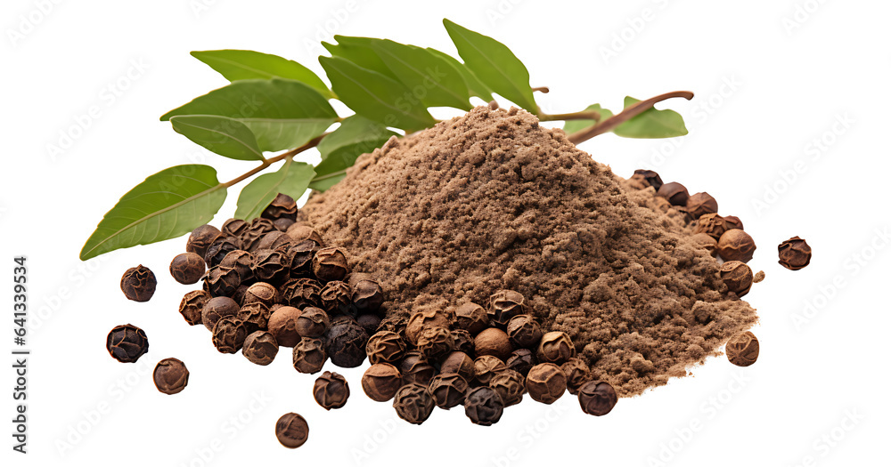 Ccubeb pepper powder with leaf isolated on transparent background