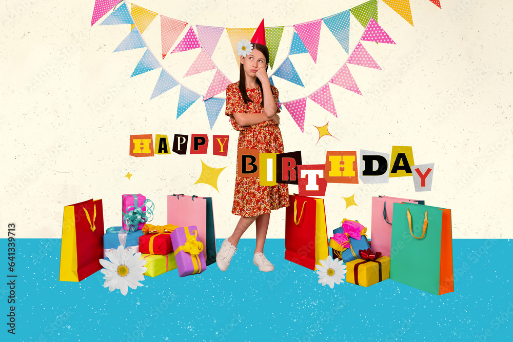 Fototapeta premium Creative abstract template collage of sad unhappy teen girl happy birthday have fun gift present party upset bags giftbox flowers bloom
