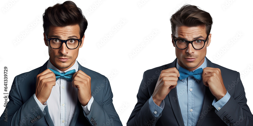 Charming man with glasses and a blue bowtie isolated on a transparent background Charming man with glasses and a blue bowtie isolated on a transparent background