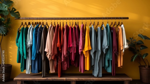 Vintage color vibrant cloth rack with clothing on. Generative AI. © ProVector