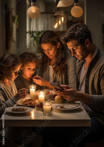 Disconnected Family Time concept. A family sits around a dining table  each absorbed in their devices  failing to engage with each other.