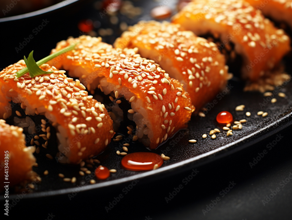 Macro Close-Up of Sushi Rolls With Sesame Seeds