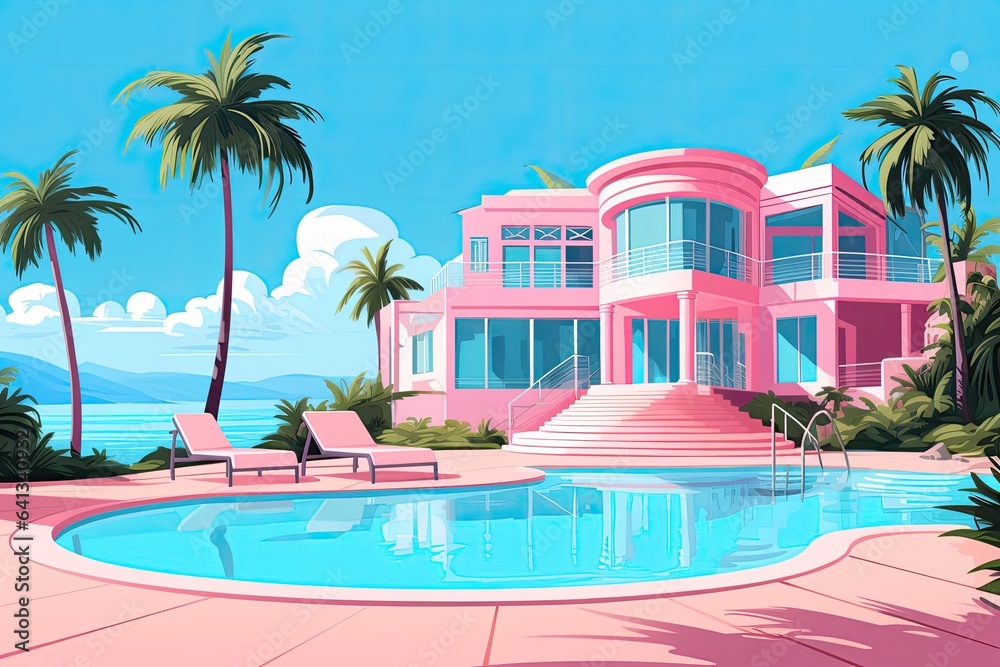Fototapeta premium pink villa with pool tropical summer vacation illustration