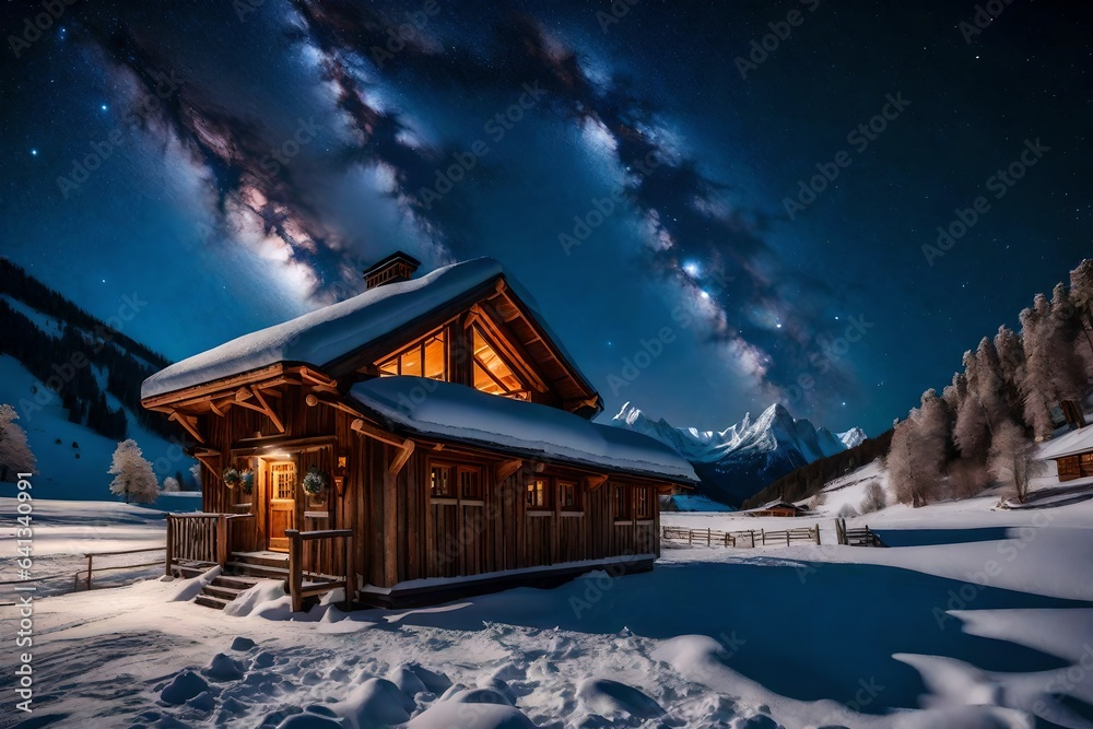 beautiful view of milky way over wooden house