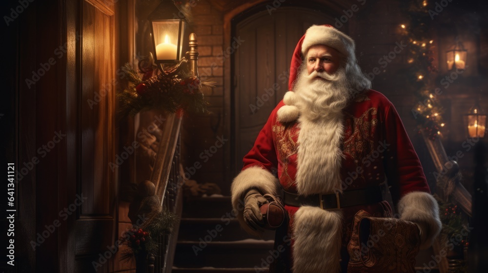 Santa Claus in a red hat walking through the night town. Santa delivering presents to kids at midnight. Happy grandpa with a big bushy white beard in a red Santa Claus costume delivers gifts to homes.
