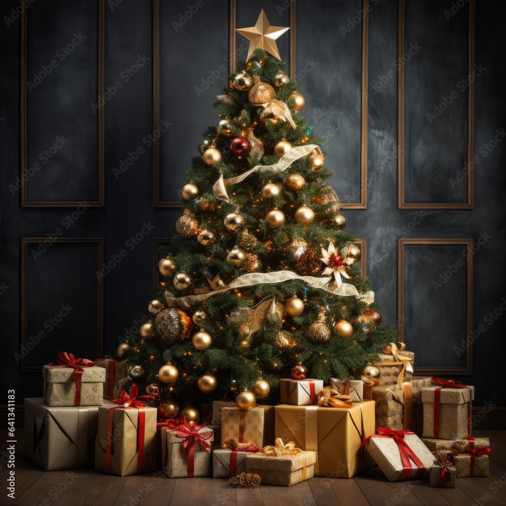 Beautiful Christmas tree with colorful decorations and wrapped gifts standing in the living room. Luxury house interior with a decorated Christmas tree. Tree with garlands, baubles, and presents boxes