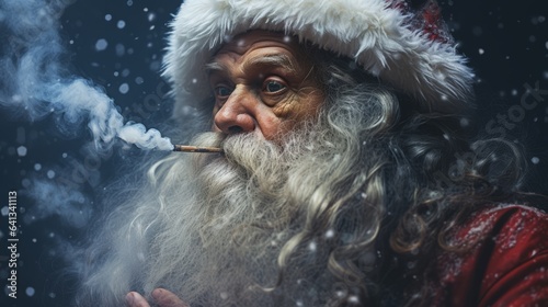 Santa Claus in a red hat smoking a cigarette outdoors. Santa smoking a blunt on a snowy night. Happy grandpa with a big white beard in a red Santa Claus costume.