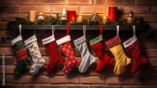 Beautiful Christmas socks over a fireplace. Many Colorful Christmas stockings are hanging over a chimney. New Year sock hung on top of a fireplace waiting for presents. Christian Christmas traditions.