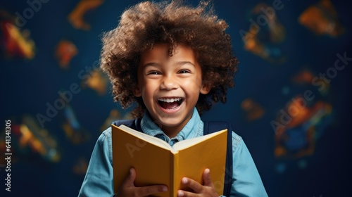 Delighted African American boy in glasses laughing for camera and reading book while having fun during school students against blue background photo