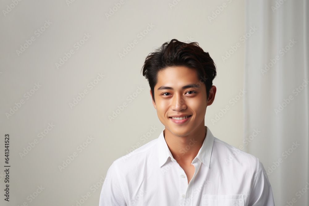 Portrait of a smiling young Asian man standing and looking at the camera with a grey background. Portrait of a smiling young Asian man standing and looking at the camera with a grey background.