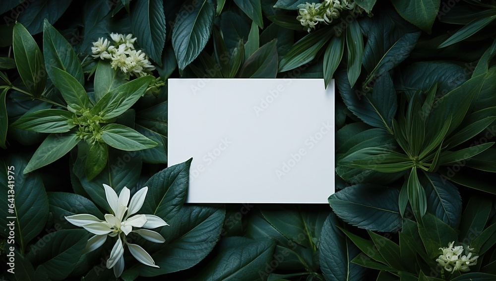 Creative layout made of green leaves and white card. Flat lay, top view, copy space