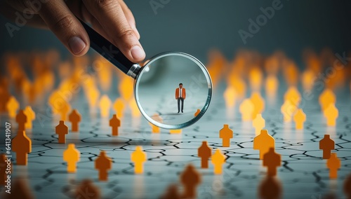 Businessman looking at a magnifying glass over a network of small people.