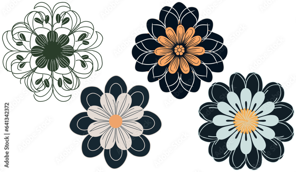 Vector set of floral elements in blue, gray and black colors