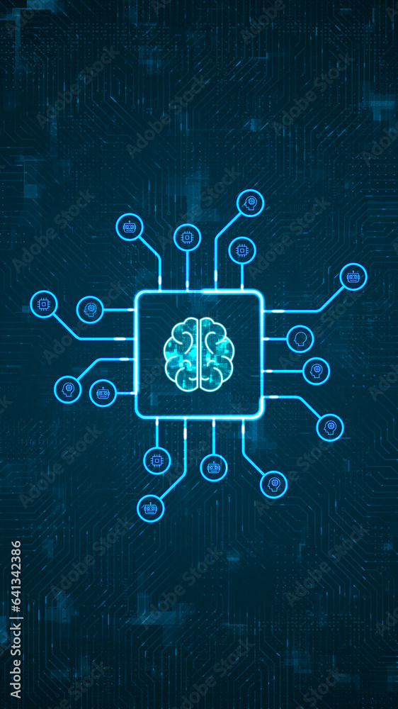Blue digital brain logo and HUD technology circuit board with ai icon ...