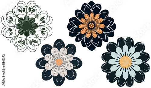 Vector set of floral elements in blue  gray and black colors