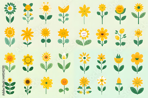 different set of flower designs with petals and green leaves ai generative