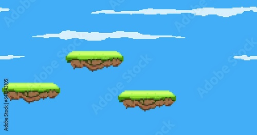 Animation of old style pixel game. Pixel art game background. Ground, grass, sky, tree, clouds and stars. Pixel art Game Design 8 bit video vector. Old school background for game. 