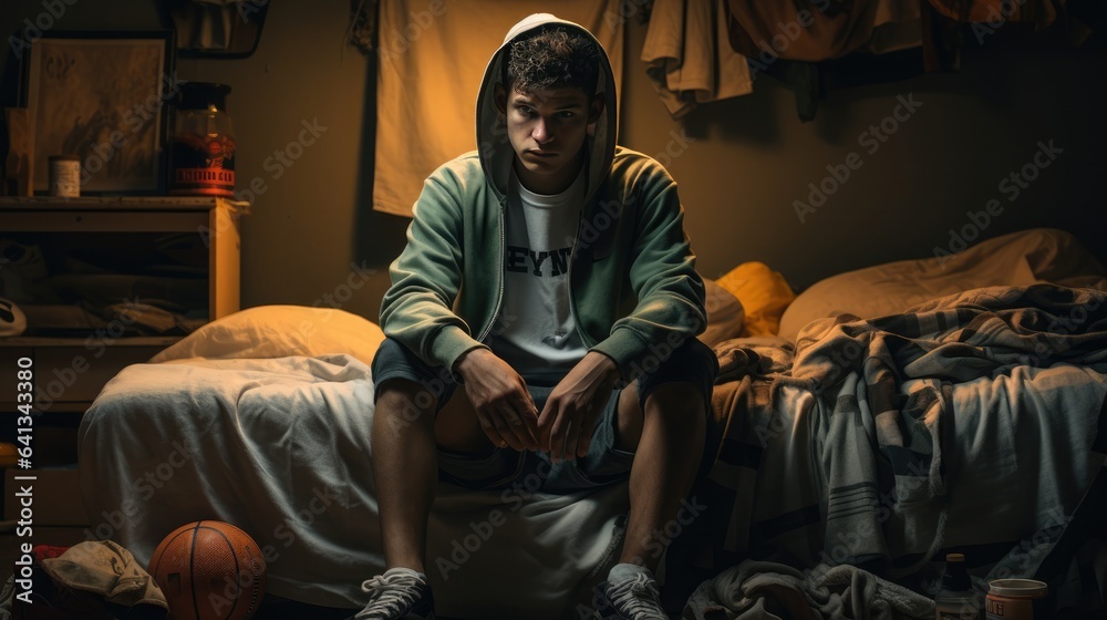 Dwindling Enthusiasm concept. A man sits at the edge of a bed, dressed in sports attire, but his shoes remain untied, symbolizing a loss of interest.