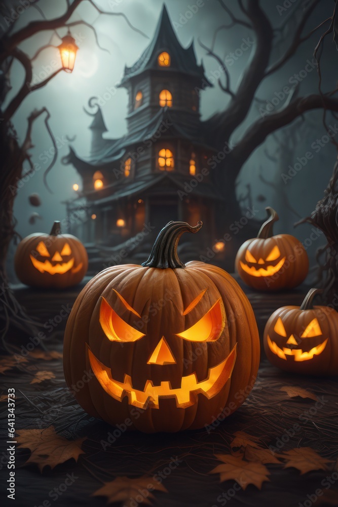 Glowing pumpkin with eyes in the autumn mystical forest. Halloween. Generative AI Glowing pumpkin with eyes in the autumn mystical forest. Halloween. Generative AI